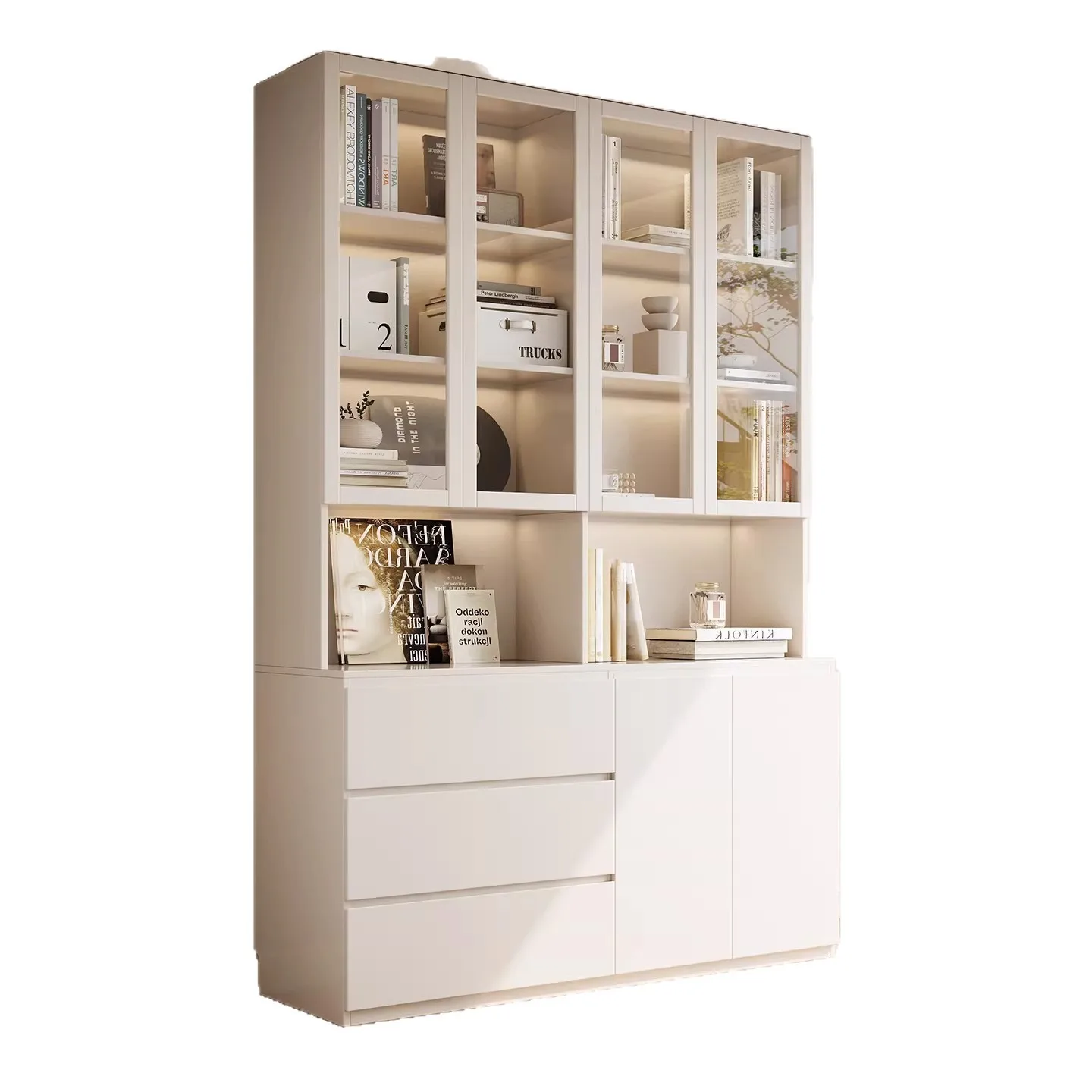Librero de madera maciza integrado con puerta superior de vidrio, mueble de exhibición y almacenamiento para toda la pared de la sala de estar.