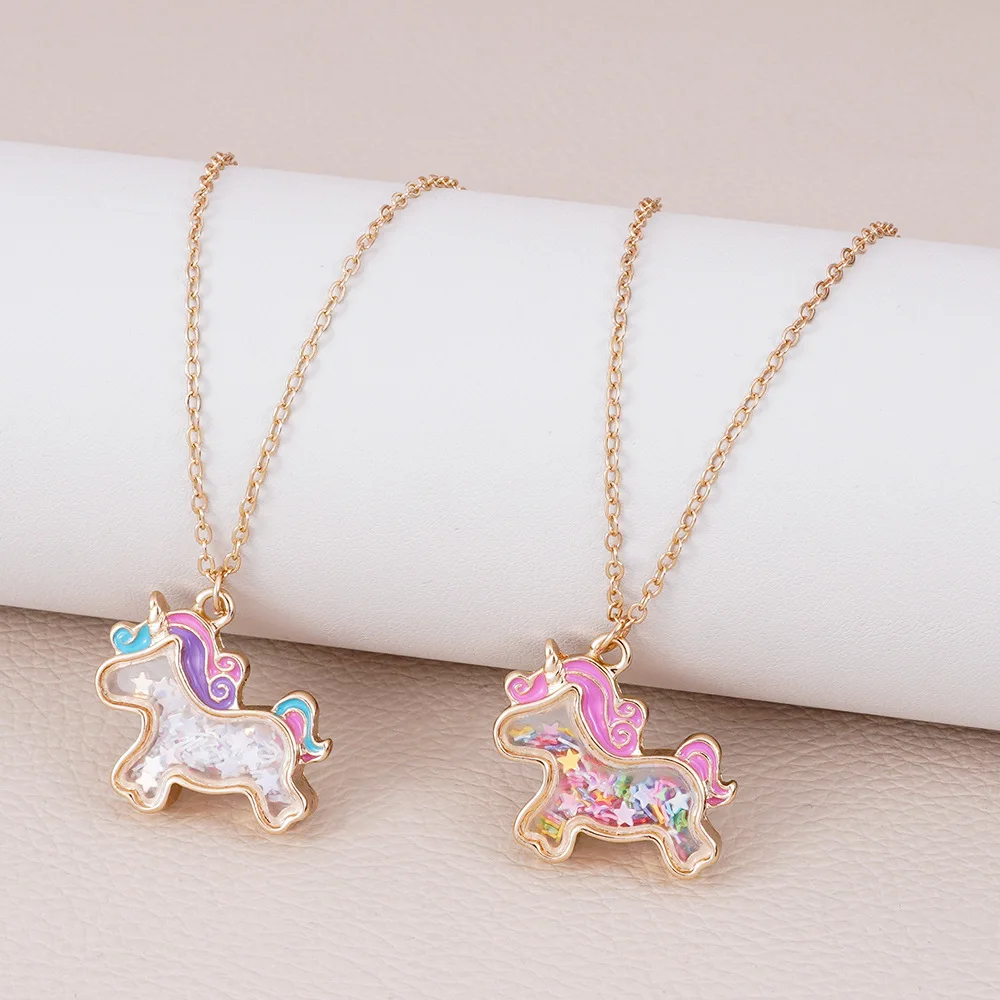 Cartoon Glitter Unicorn Alloy Pendant Transparent Pentagram Girl Necklace Entry