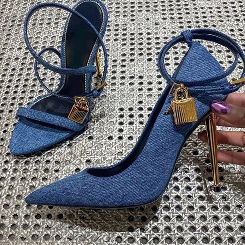 Sexy Woman Ankle Strap Padlock Stiletto Blue Denim Pumps Metal Gold High Heel Women Pointy Toe Thin Heels Jean Slip On Shoes