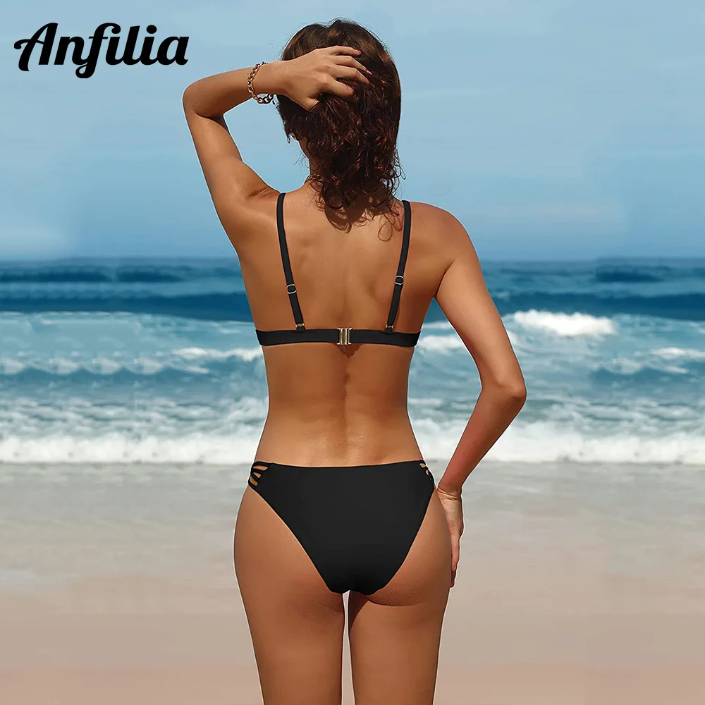 Anfilia damska Sexy V Neck trójkątne Bikini stroje kąpielowe wysokie cięcie String strój kąpielowy dwuczęściowy strój kąpielowy купалник женский