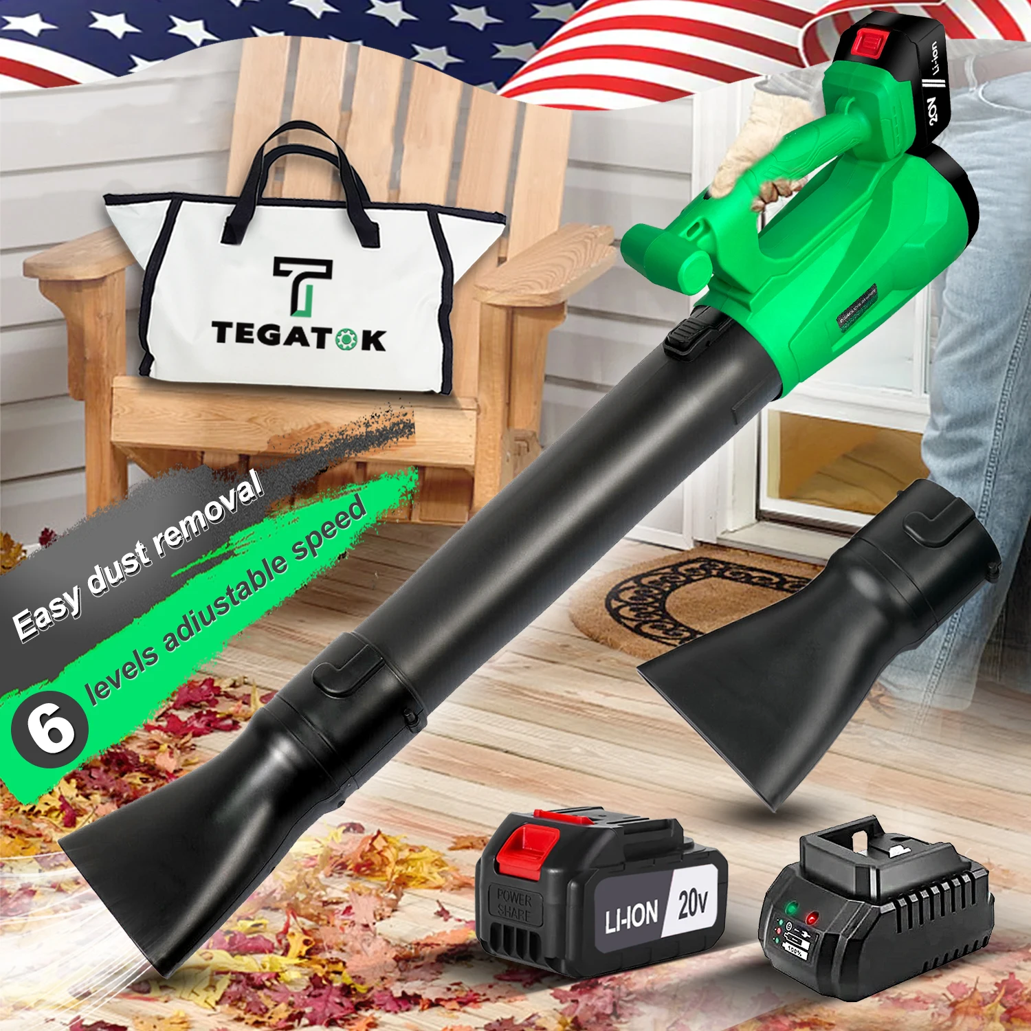 

Tegatok Cordless Electric Leaf Blower 450CFM 125MPH Air Blower Snow Blower Dust Sweeper Garden Tools 20V Battery