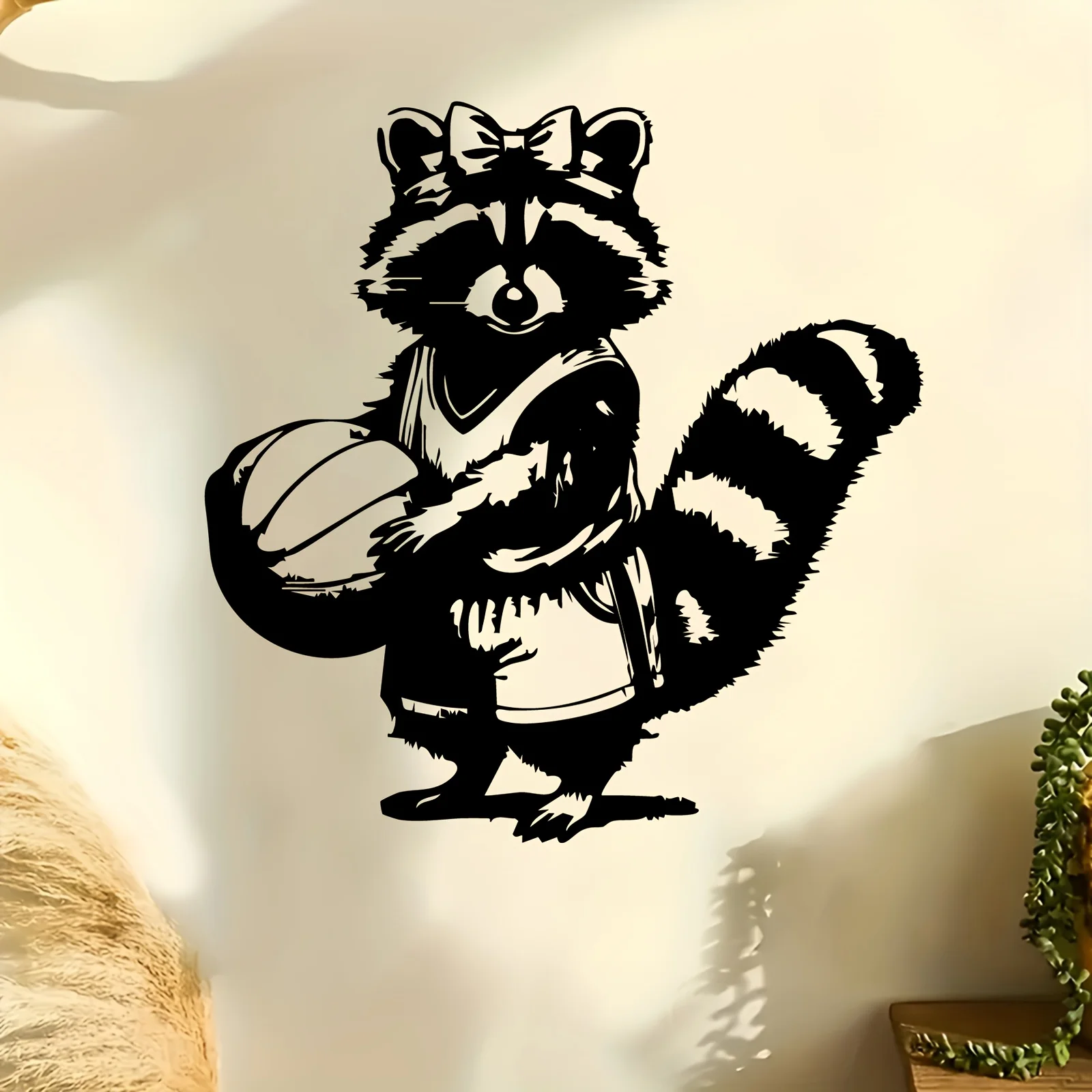 Basketball Raccoon Metal Wall Art,2D Flat Laser‑Cut Silhouette,Weather‑Resistant Iron Wall Mural,Patio Garden Fence Kids