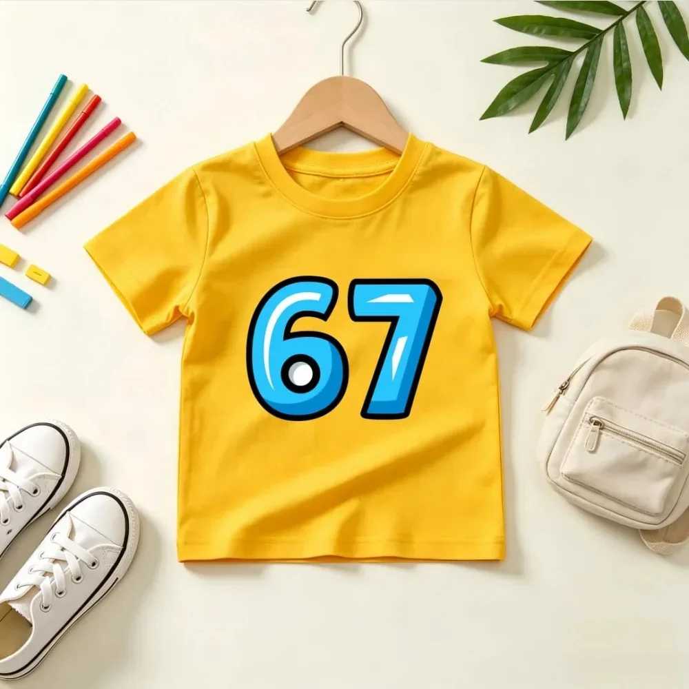 Kid Short Sleeve T Shirt Cool Bright Blue 3D Style Number 67 Graphic Print O-Neck Tee Trendy Simple Design Boys Girls Casual Top