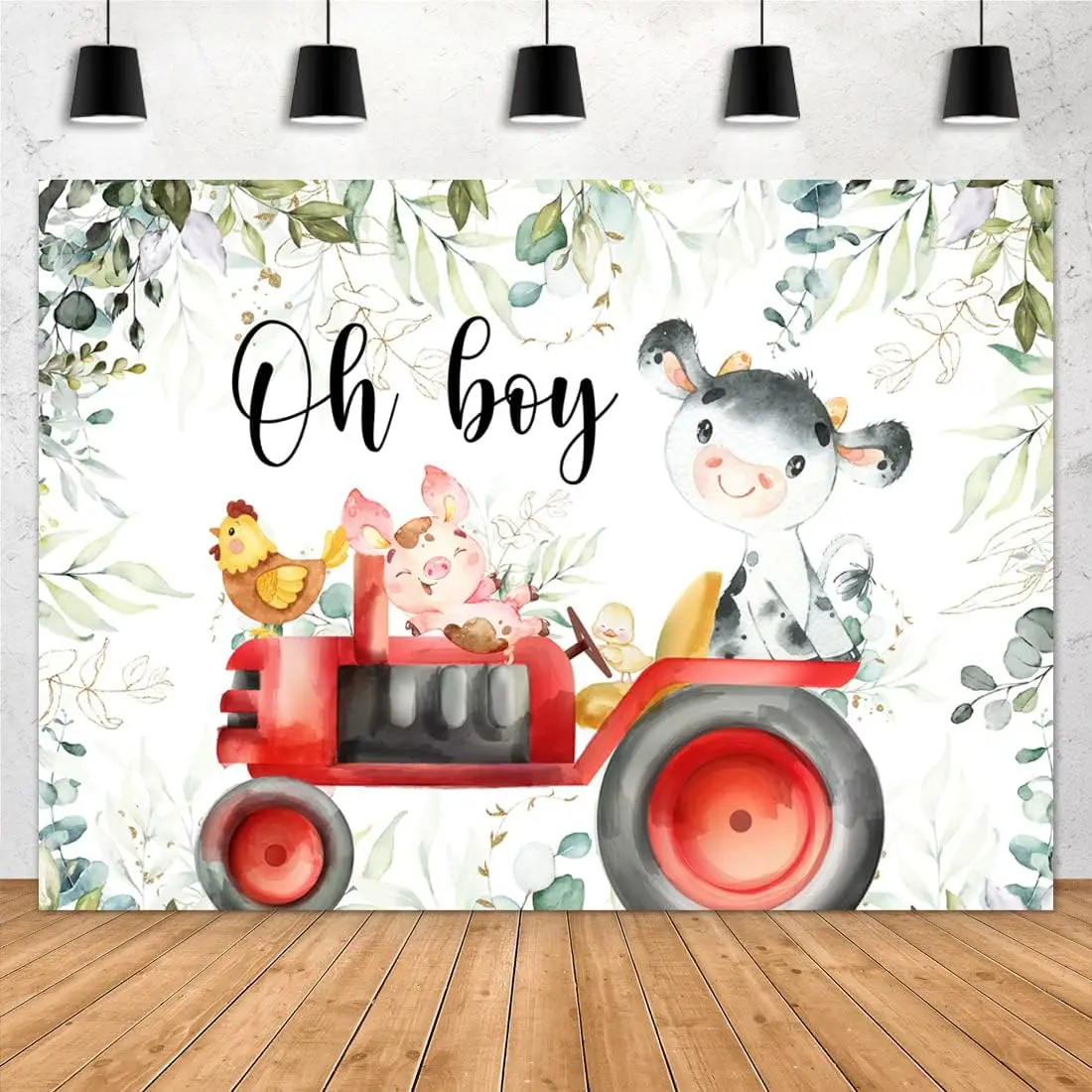 

Holy Cow Baby Shower Backdrop Farm Tractor Oh Boy Eucalyptus Leaves Photography Background Party Decor Photo Shoot Booth Props