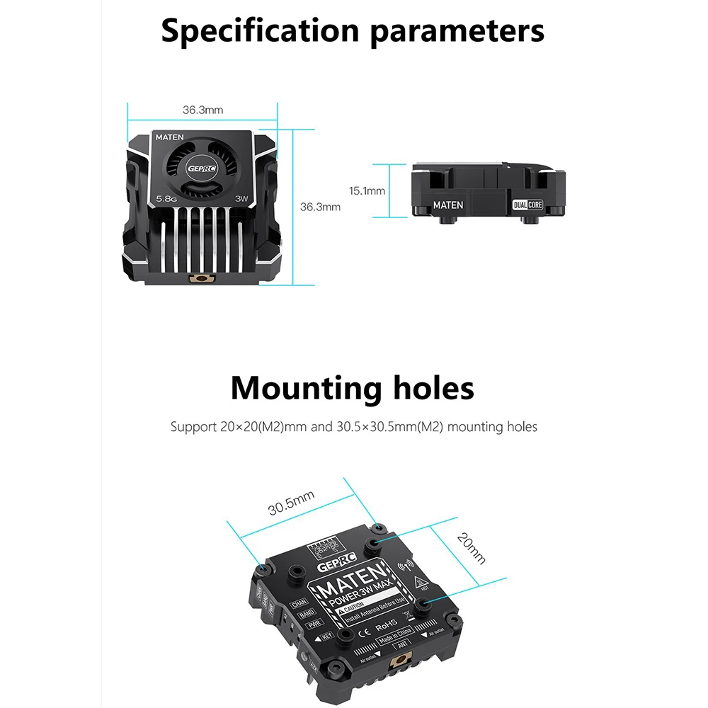 GEPRC MATEN 송신기 송신 모듈, FPV 장거리 드론용 DC7-36V, 내장 마이크, 5.8G, 3W, VTX PRO, 80CH, 3000mW