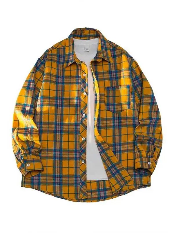 

Желтая клетчатая повседневная свободная длинная рубашка для мужчин, модная, весенне-осенняя, новая, из полиэфирного волокна, для активного отдыха, стандартного кроя...