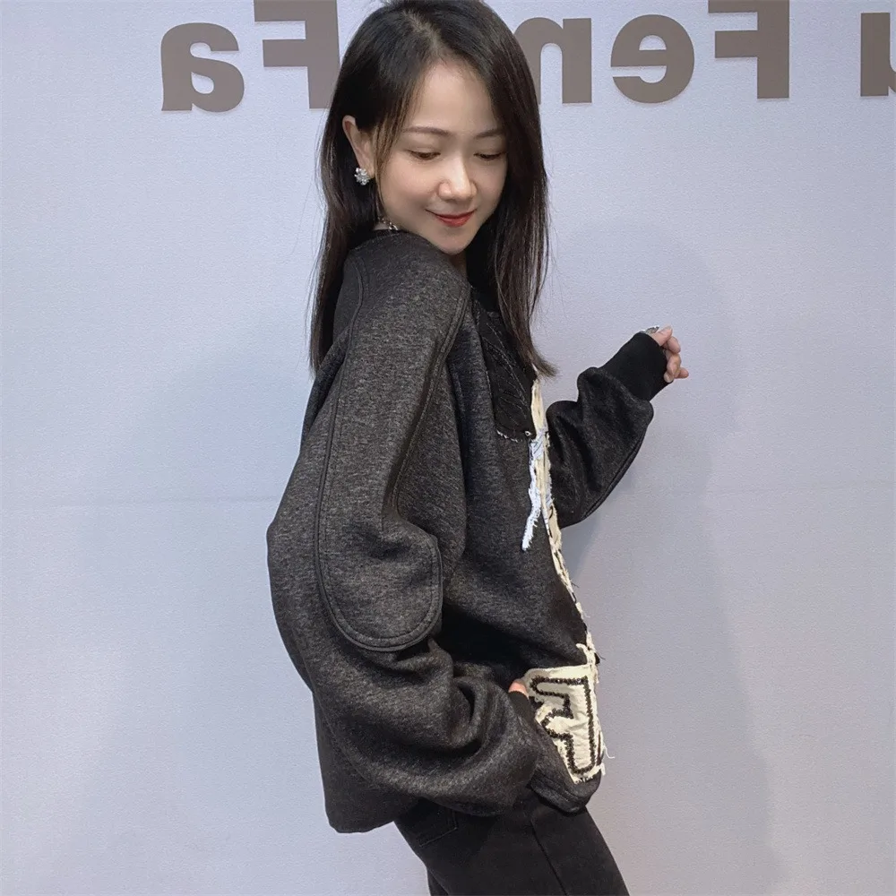 Balck Sweartshirt Women 2025 Autumn Fashion Patch Korean Style Loose Round Neck Pullover Sweatshirt for Women Long Sleevetop