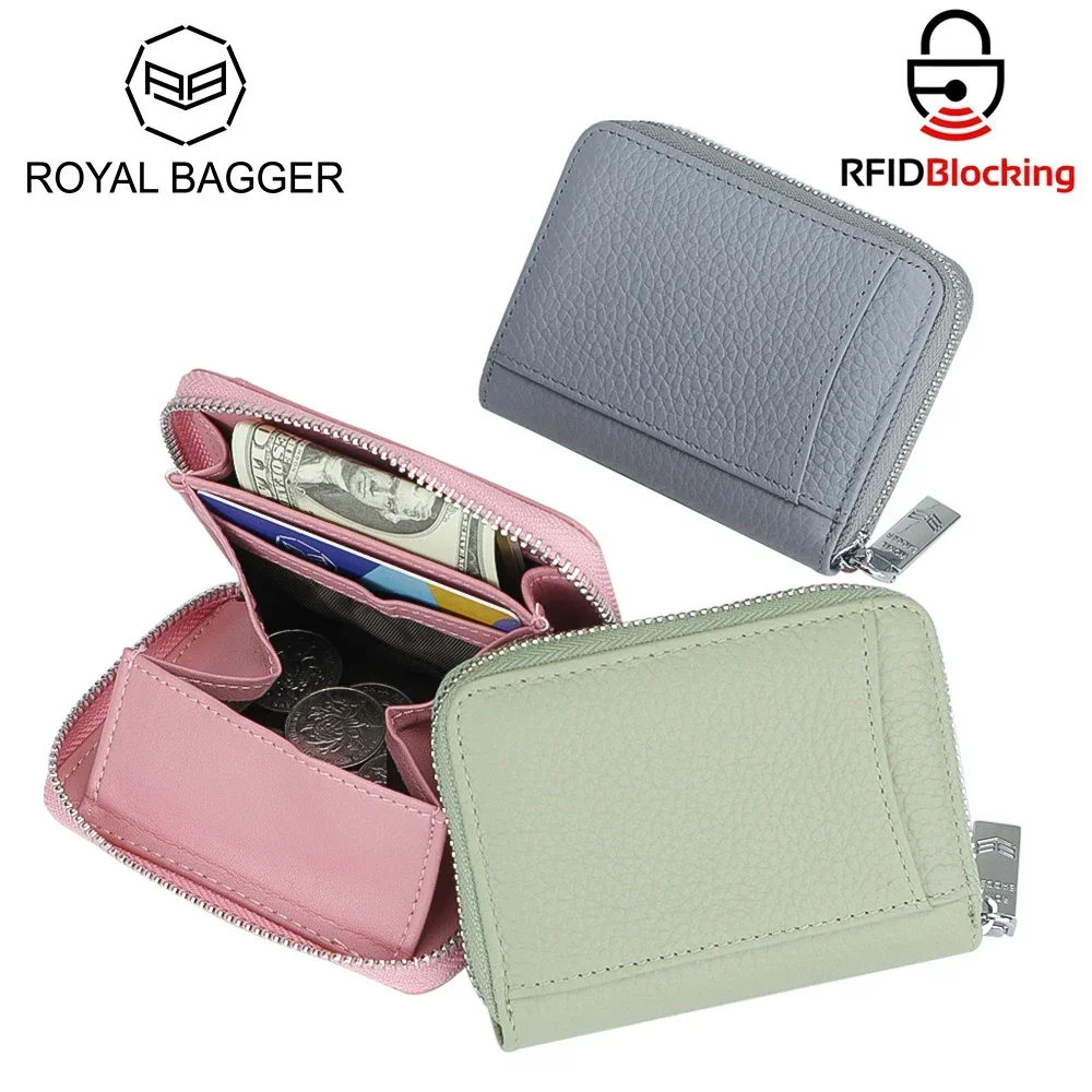 Royal Bagger Genuine Leather Zipper Coin Purse, RFID Blocking Solid Color Card Holder, Casual Short Wallet for Daily Use 1907