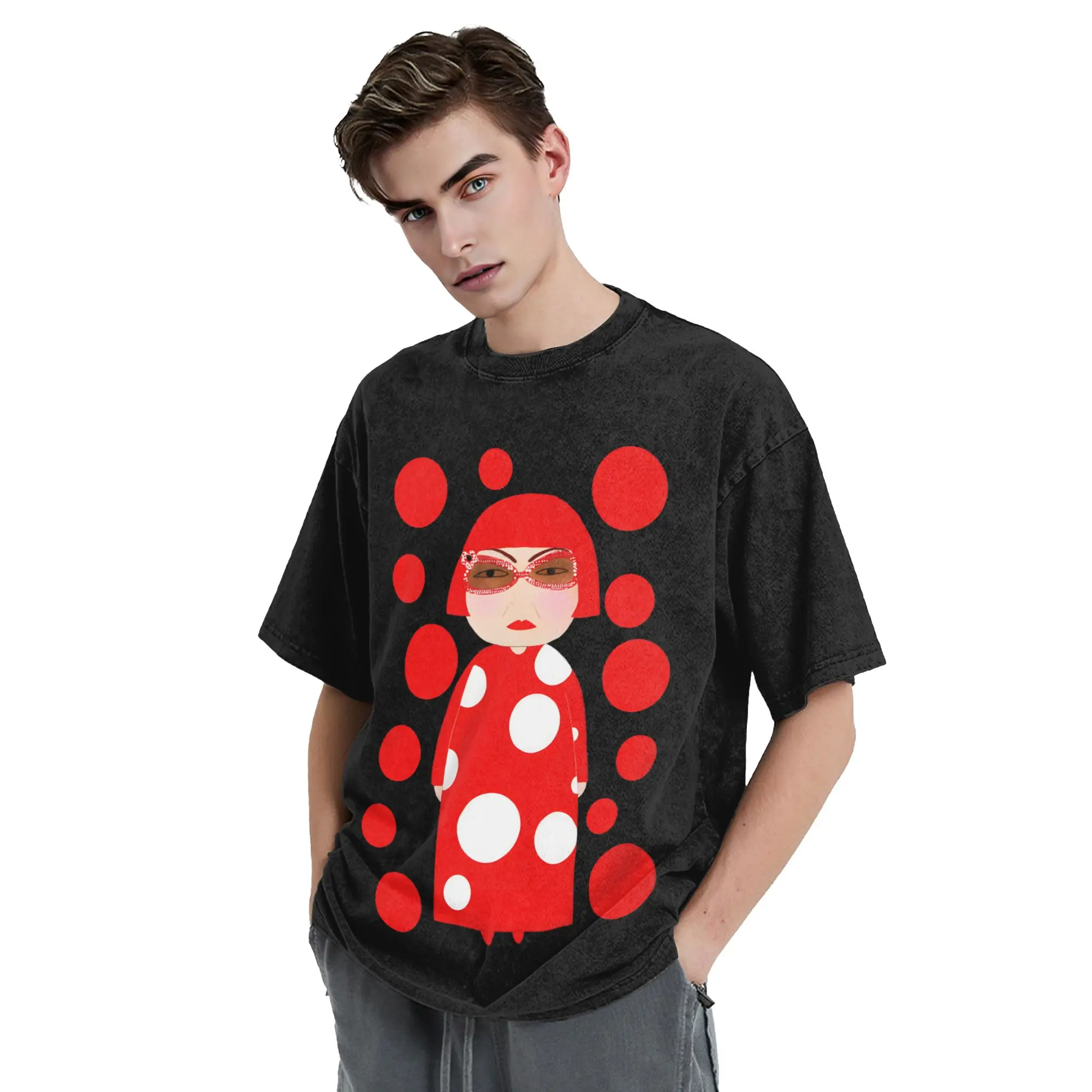Red Dots Yayoi Kusama T Shirts Hip Hop Washed Cotton Oversize T-Shirt  Fashion Men Women Tops Streetwear Printed Tee Shirt