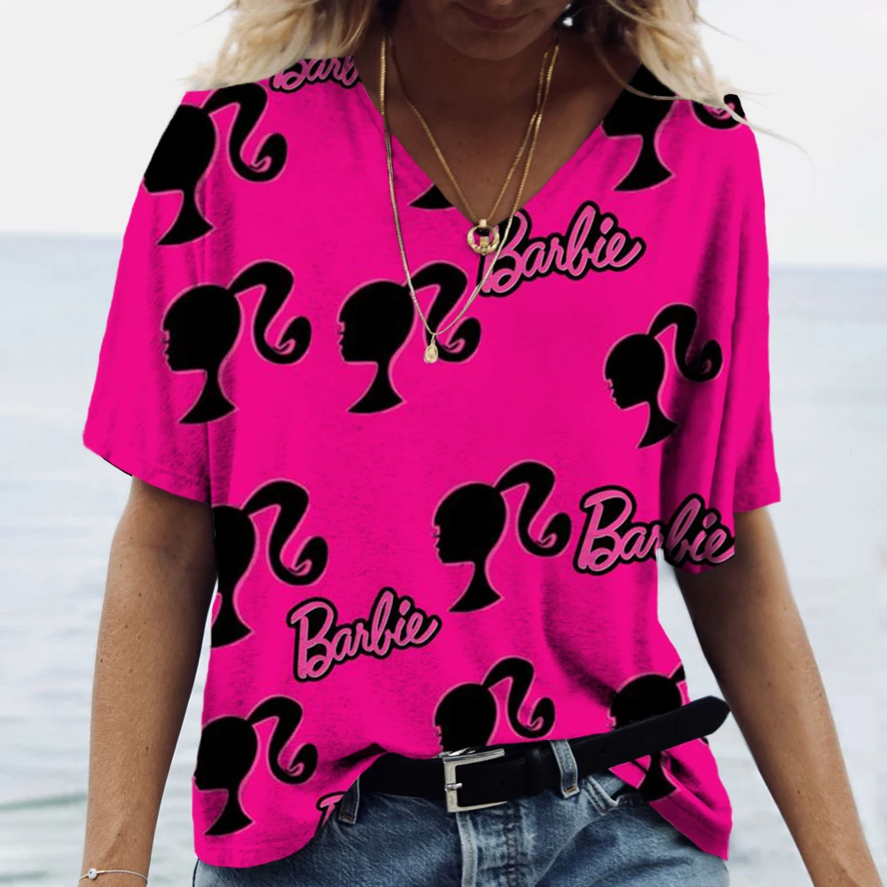 Fashion Barbie Print Casual V-neck Top Tee Shirt Women Black White T-shirtWomen T Shirt Harajuku Short Sleeves T shirts