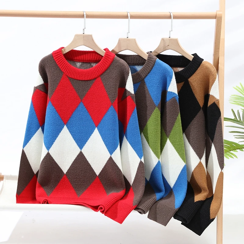 New Fall Winter Men Harajuku Exercise Style Wool Sweater Top Quality Fashion Men\'s Knit Pullovers Soft Warm Male Argyle Sweaters