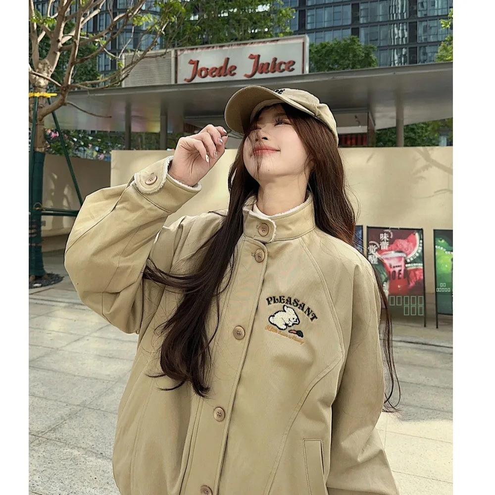 

YUKI American Sle Embroidered Rabbit Collar Jaet Women's Lamb Fur Inner Loose Thi Warm Top Cotton Clothes for Ladies