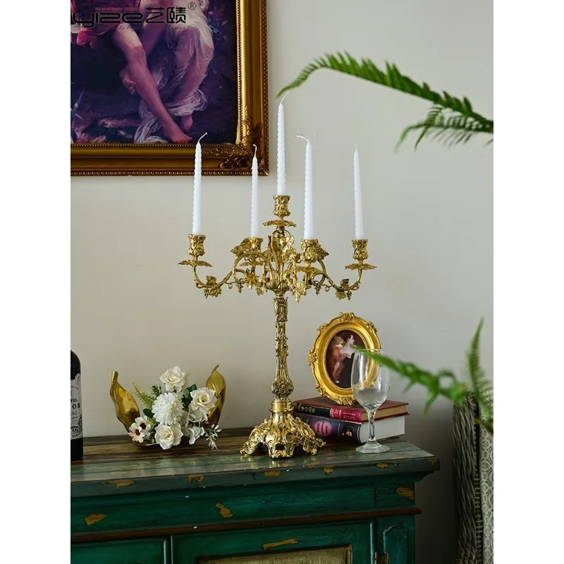 French all-copper vintage carved candle holder, Rococo European dining table entryway stand