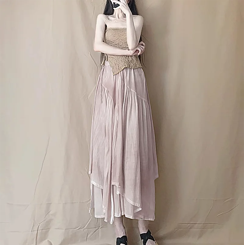 Falda larga Irregular de cintura alta elástica casera de verano falda de doble capa con estampado plisado y teñido de plantas