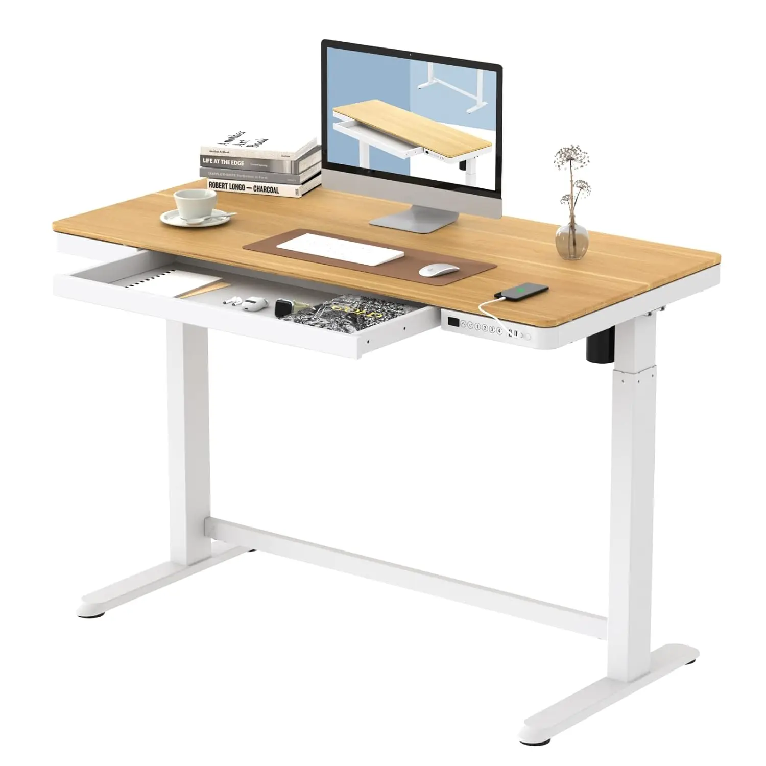 #Comhar Electric Standing Desk with Drawers Charging USB Port, Height Adjustable 48