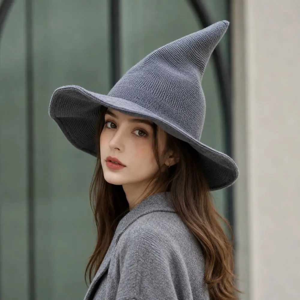 Fashionable Wool Knit Halloween Witch Hat Solid Color High Quality Pointed Hat Pointed Design Foldable Magical Hat For Women