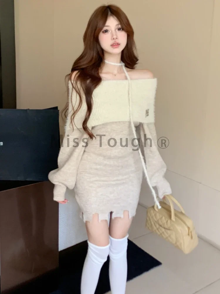 Winter Knit France Vintage One Piece Dress Women Sexy Off Sholder Elegant Sweater Mini Dress Female Korean Style Chic Dress 2023