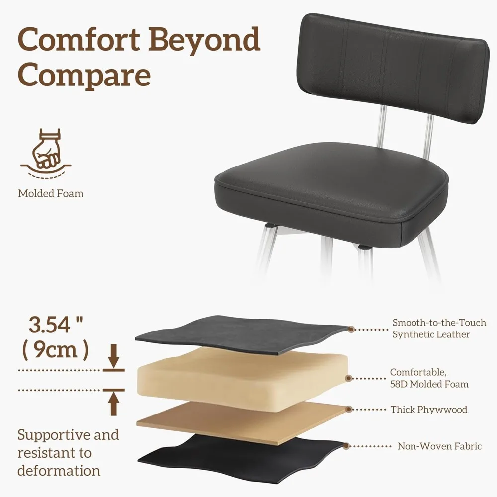 Lot de 2 tabourets de bar pivotants en cuir, 26 tabourets de comptoir de cuisine hauts avec dossiers, pieds en métal, repose-pieds pour une salle à manger confortable