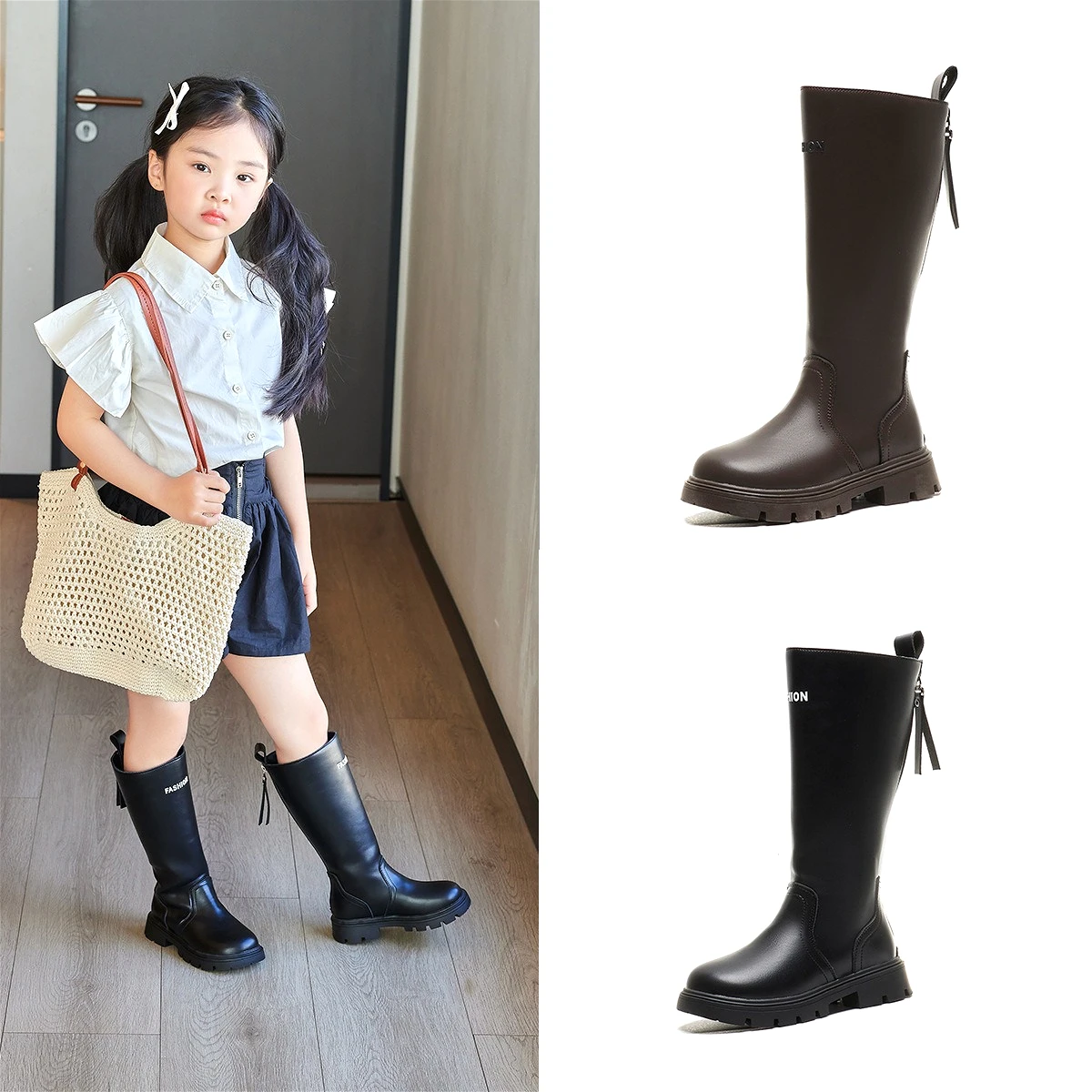 

New Girls Long Boots High Single Boots Autumn Princess Kids Pu Leather Boots Fashion Hot Cool All-match 27-37 Kids Causal Shoes