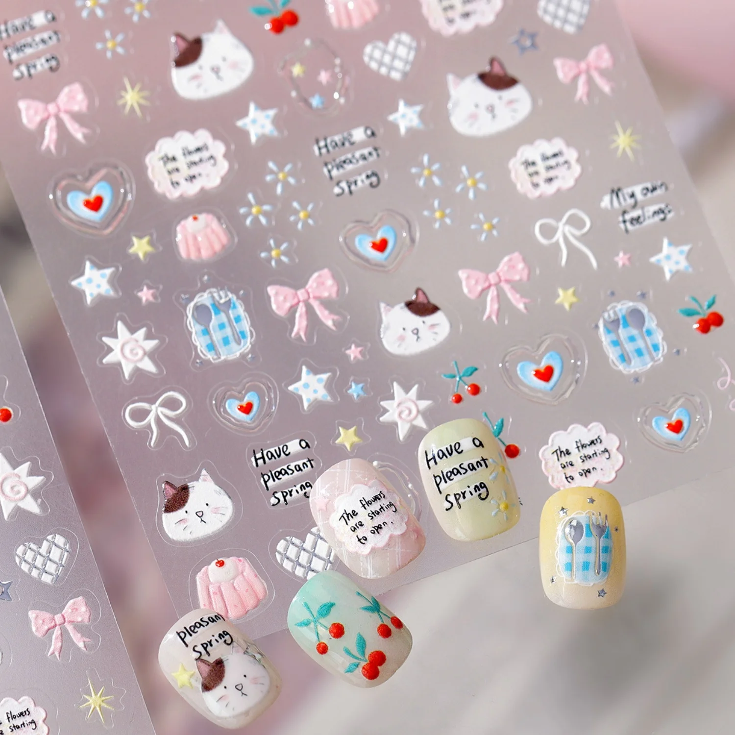 5D Cute Cartoon Cat Pudding Cherry Bow Kawaii Lovely Kitten Embossed Nail Stickers Self-Adhesive Nail Art Decals Manicure Decor