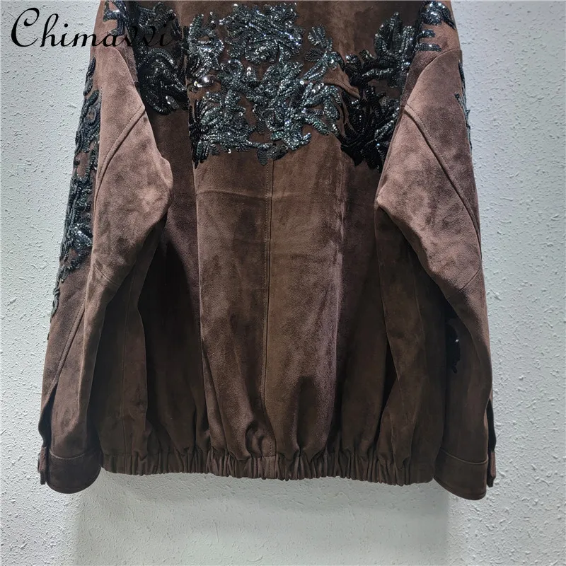 Brown Top Women\'s 2024 Autumn and Winter New Heavy Industry Sequined Embroidered Locomotive Suit Deerskin Velvet Jackets Coat