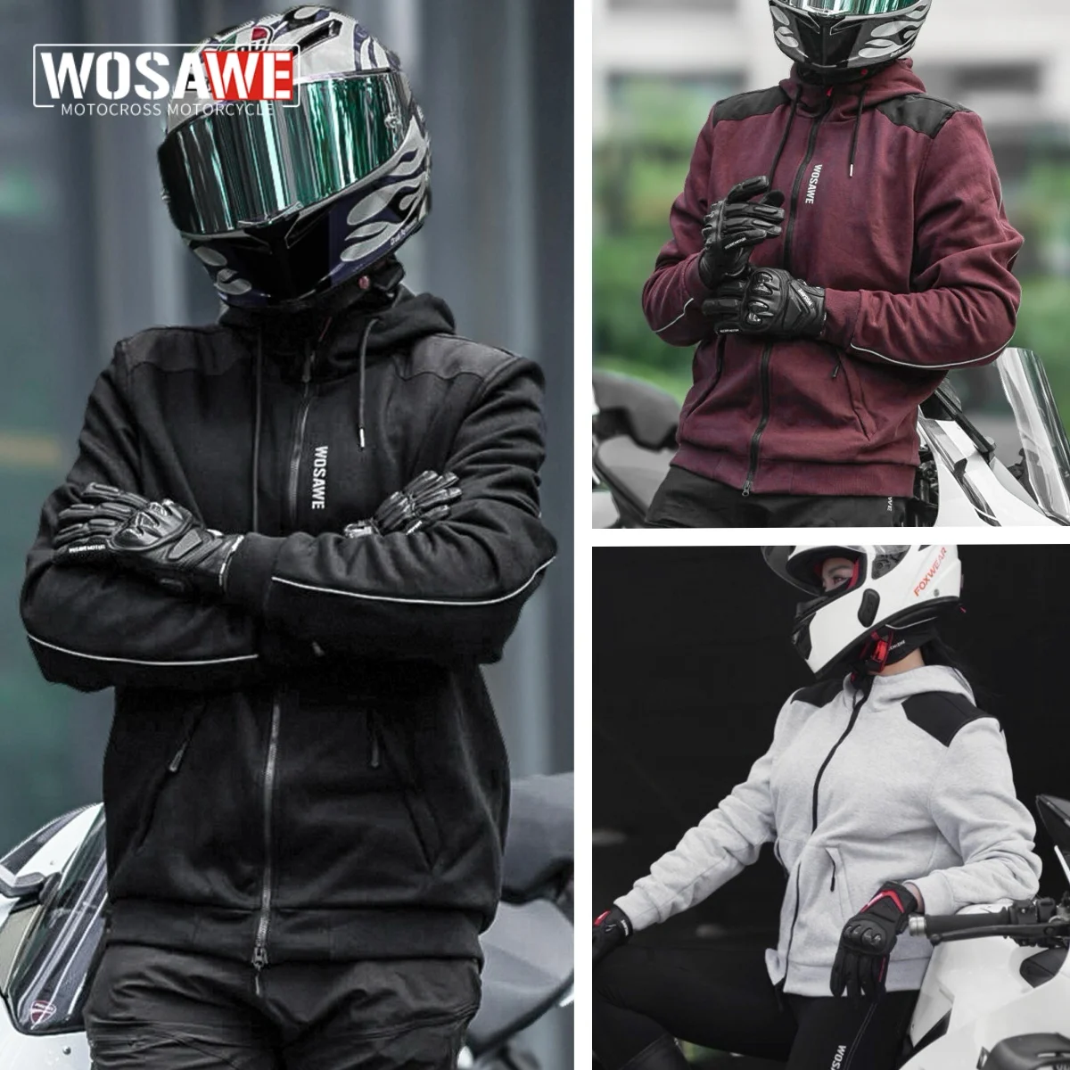 

WOSAWE Motorcycle New Men Hooded Sweatshirt Reflective Motocross Pockets Hoodie Long-Sleeve Jackets With CE Protective Equipment
