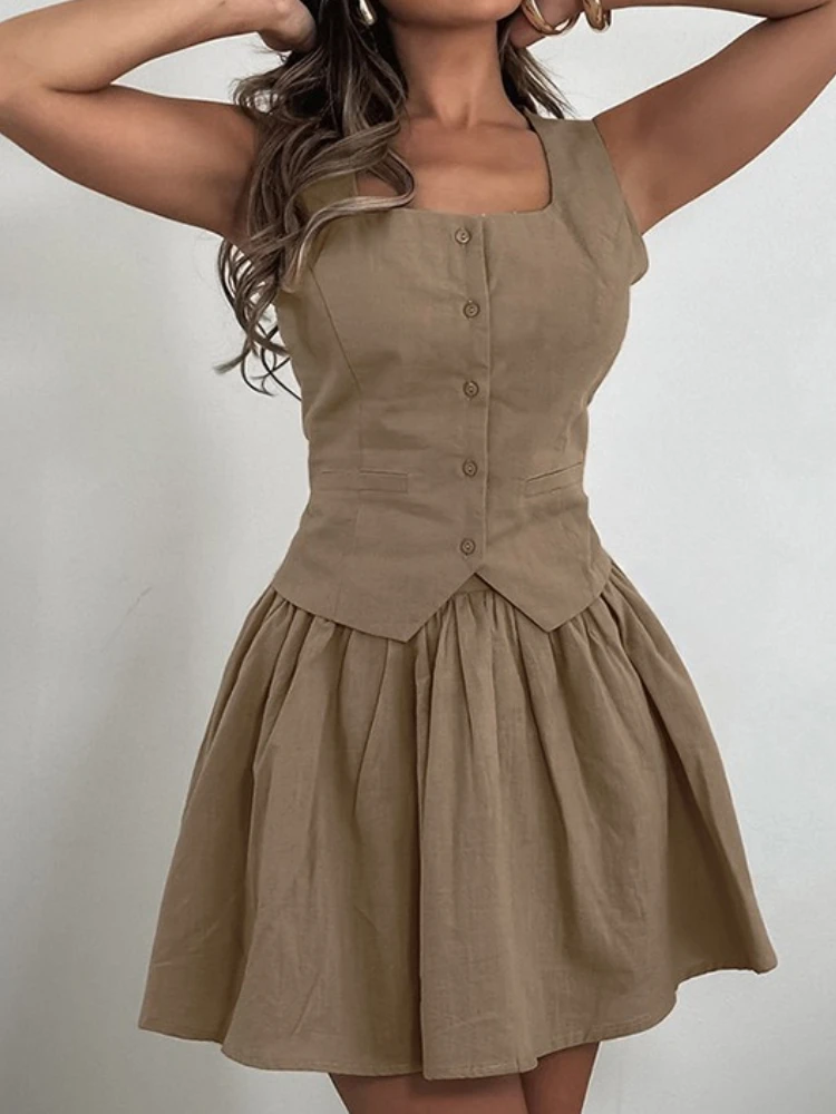 

New in Summer Women's Two-Piece Set Fashionable Sleeveless Vest Top Short Skirt Two-Piece Set Pure Cotton Slim Fit Khaki Set