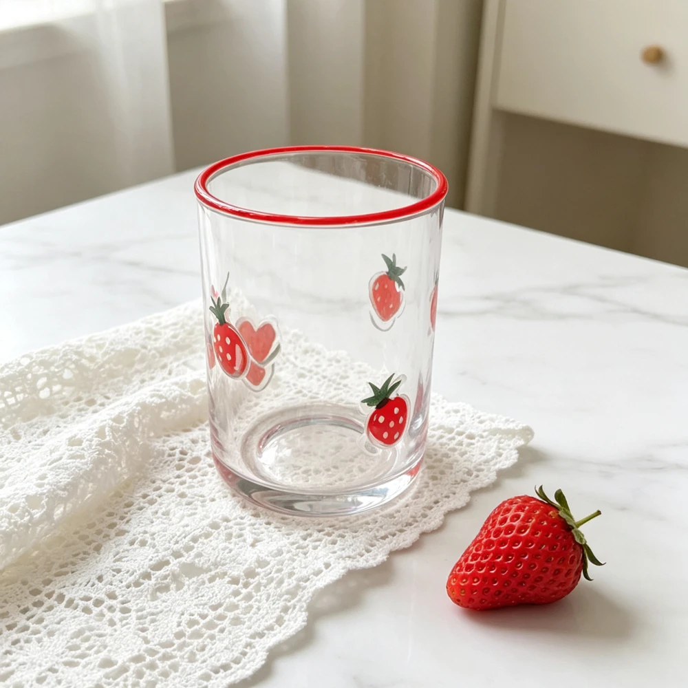 Korean Style Good Looking Fruit Print Clear Glass Cup Red Rim Tumbler Cute Kawaii Water Glass Juice Cup