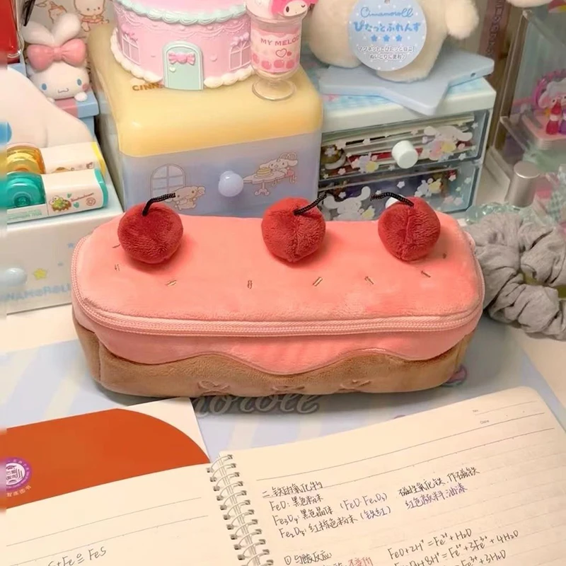 【B】Cute Plush Cherry Cake Pen Bag Exquisite Large Capacity Student Pencil Pouch Stationery Storage Bag
