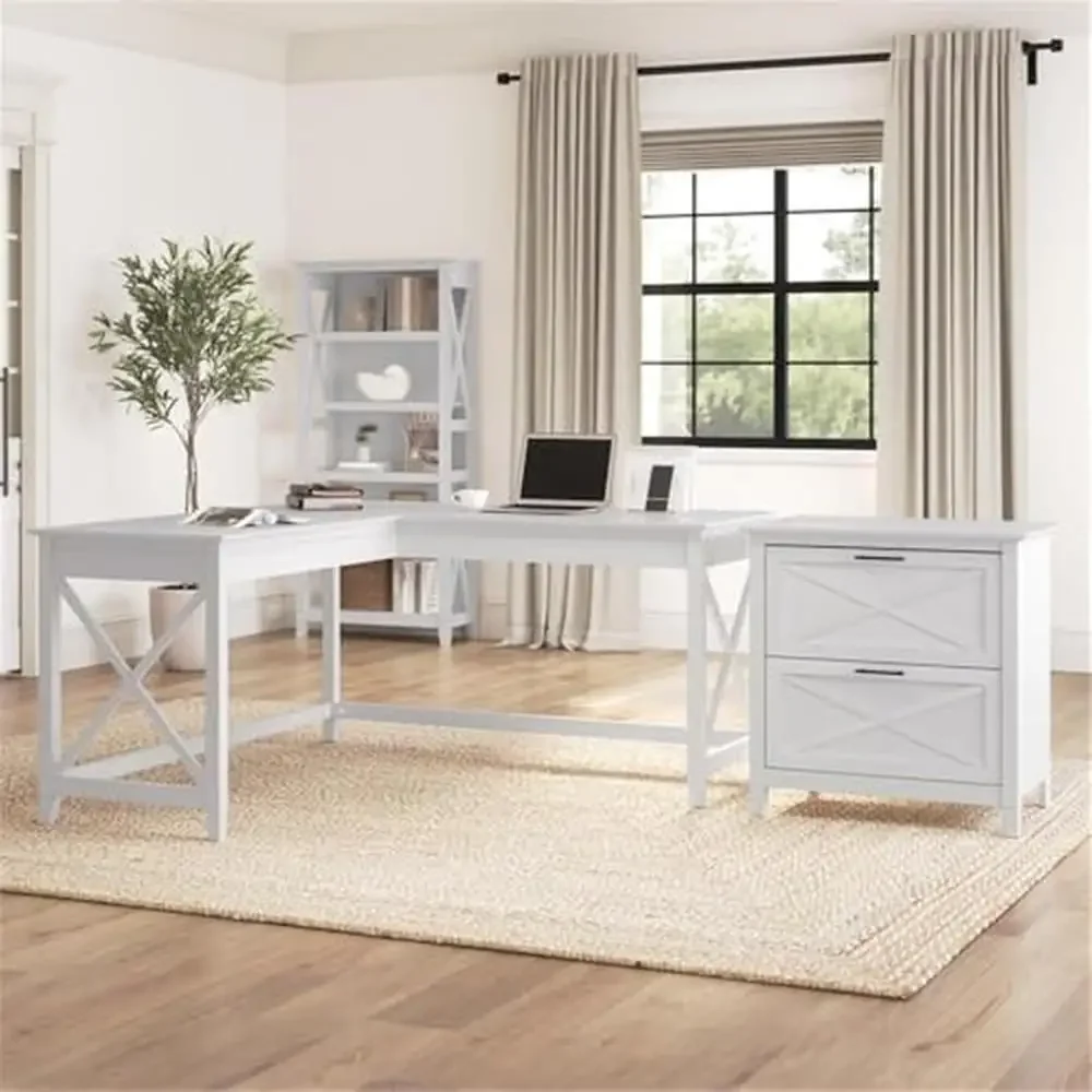 L-Shaped Desk with 2 Drawer File Cabinet Set White Oak Finish X Accents ANSI/BIFMA Certified.