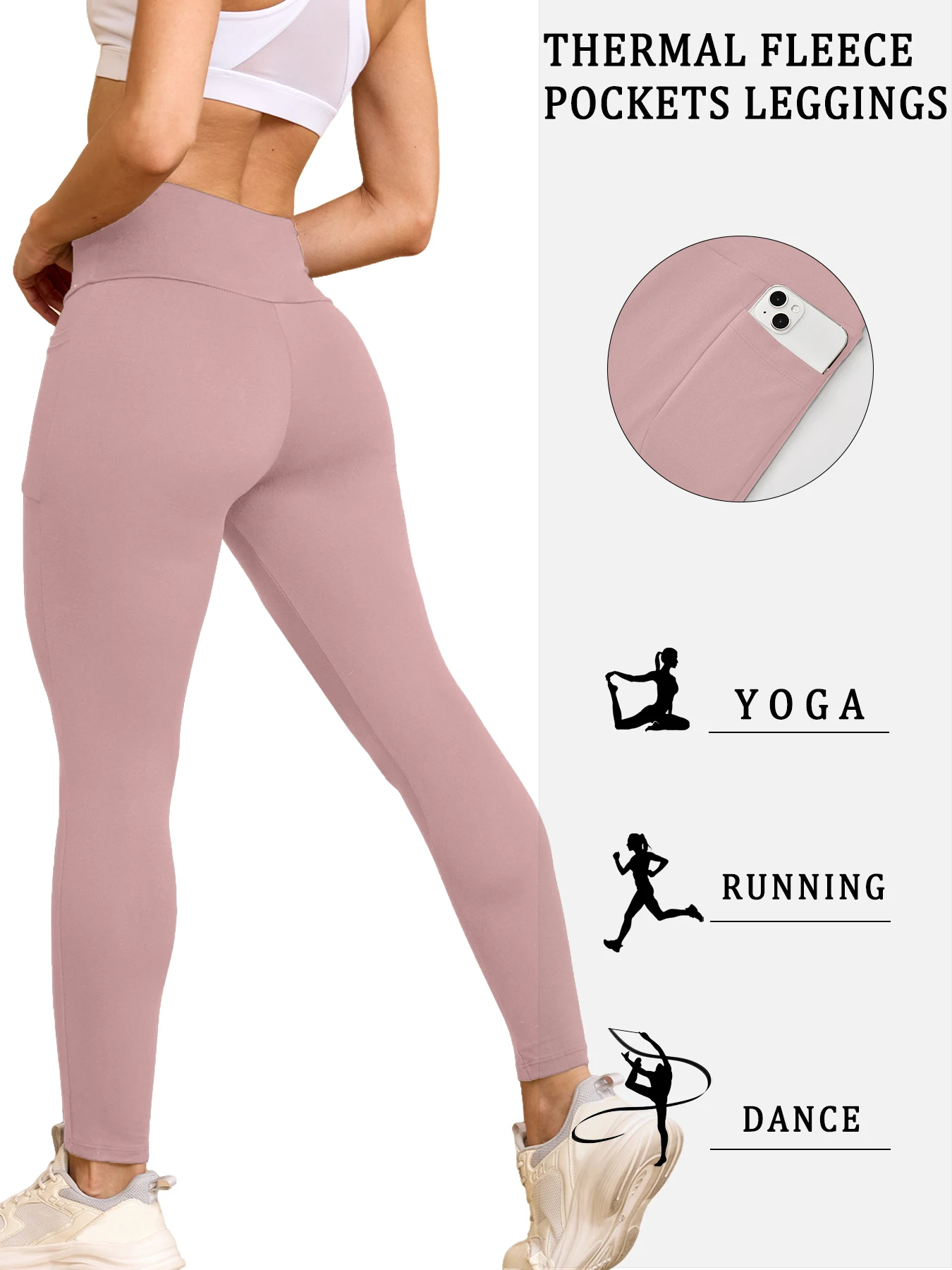 Women's Fleece Lined Winter Leggings with Pockets - High Waisted Thermal Tummy Control Thick Warm Tights for Workout Running