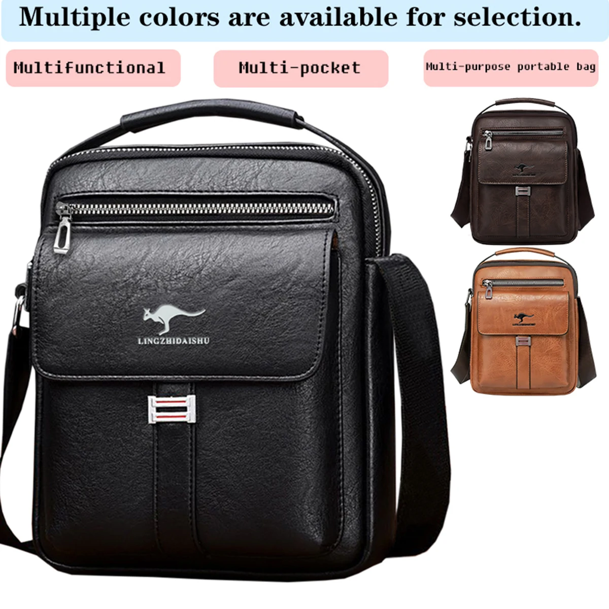 Men Multifunctional Leather Shoulder Bag Multi Pocket Crossbody Messenger Bag Business Travel Handbag with Top Handle Black