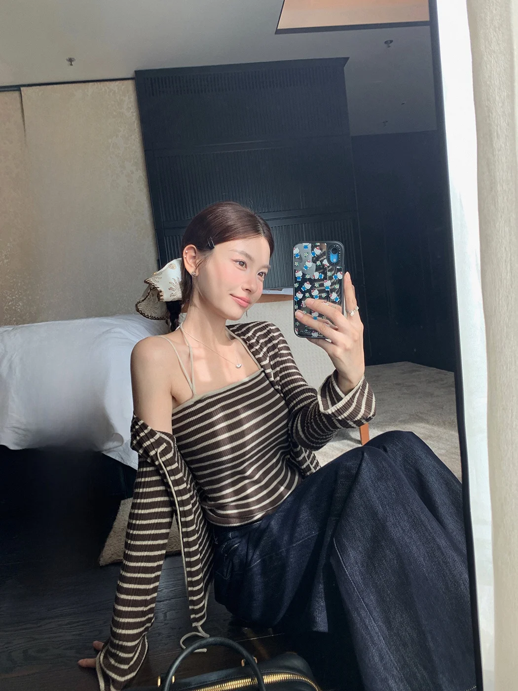 

Ibell Zhang Classic Design Slim Fit Striped Woolen Open Cardigan One oulder Hanging Strap Women's Knitted Sweater Summer 2025