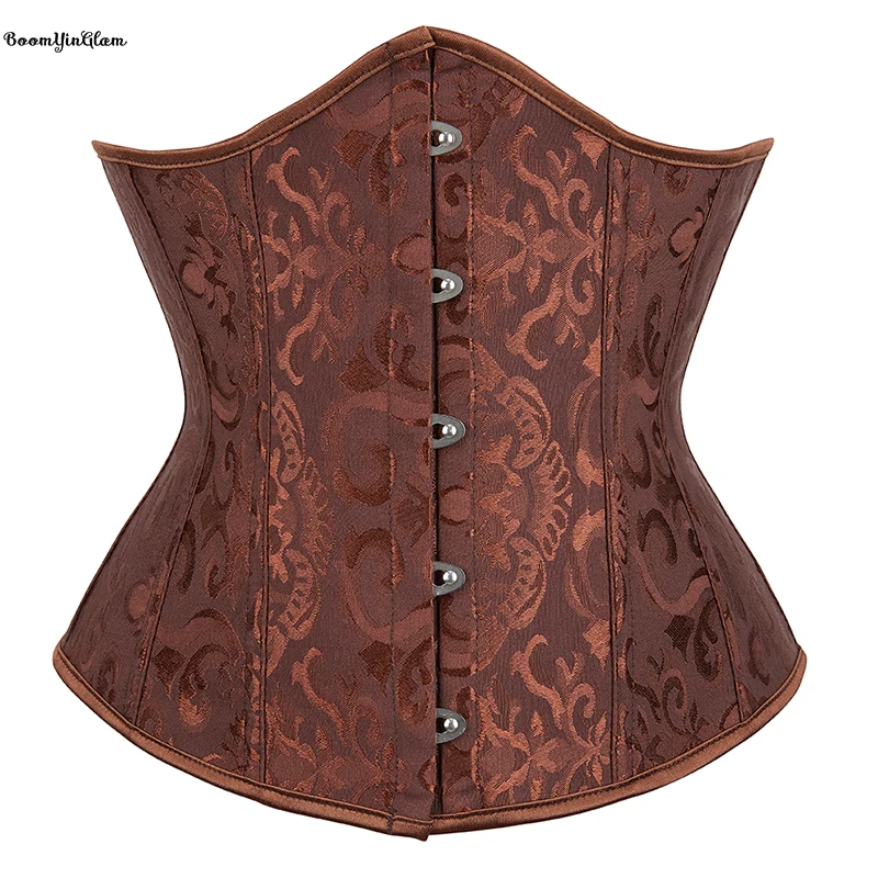 

14 Fishbones Brocade Lace Up Boned Korsette Women's Plus Size Xs-6XL Dark Blue Green Brown Steampunk Underbust Corset With Thong