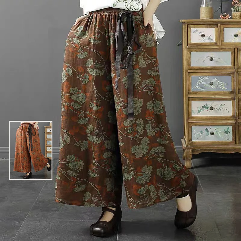 Retro étnico impressão solta perna reta calças casuais cintura alta perna larga nove pontos solto ajuste feminino plus size calças