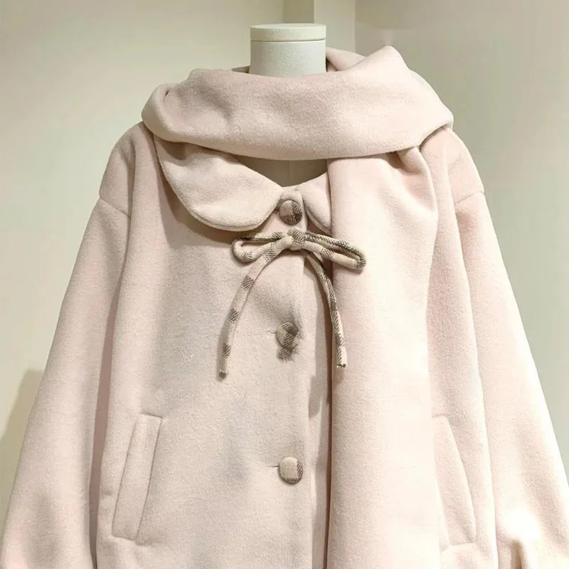 Kawaii Pink Wool Blend Hooded Coat & Plaid Lace Skirt 2Pcs Girls Winter Outfit, Sweet Preppy Clothing Set, Party Daily Wear Gift