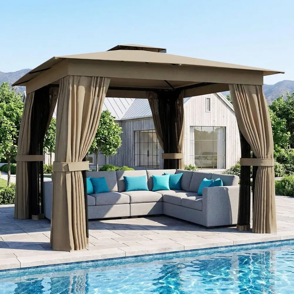 10' x 10' Outdoor Patio Gazebo with Double Roof, Curtains, Netting, Steel Frame, UPF 30+ Protection, Khaki