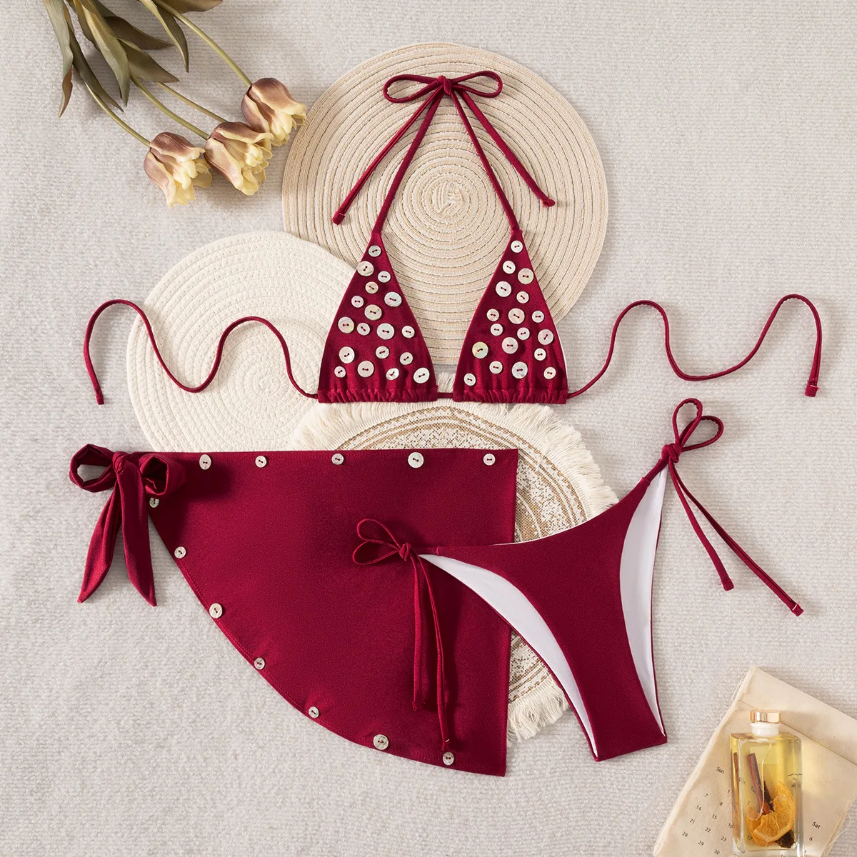sexy wine red buttons micro bikinis sets 3pcs with cover skirt swimwear bathing suit beach outfits swimsuits biquini tankini