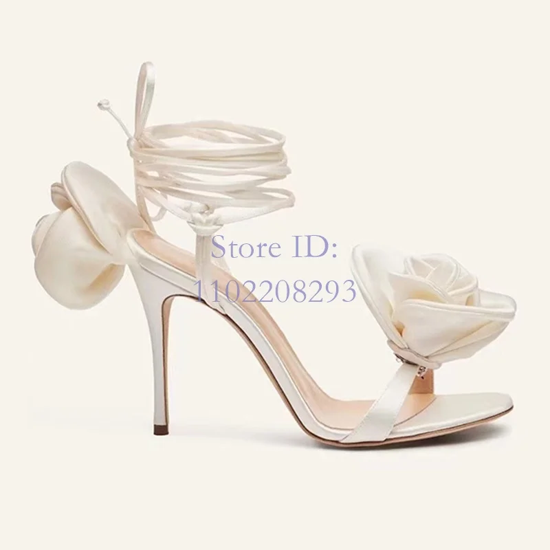 Silk Rose Strappy Thin High Heeled Sandals Round Toe Back Strap Flower Stiletto Sandals Lace-up Women Fashion Dress Shoes 2024