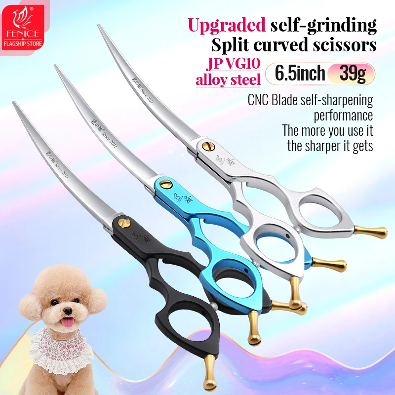 Fenice 6.5 Inch Upgraded Self-grinding Split Bright Blade Curved Scissors VG10 Pet Dog Grooming with High Quality Alloy Handle