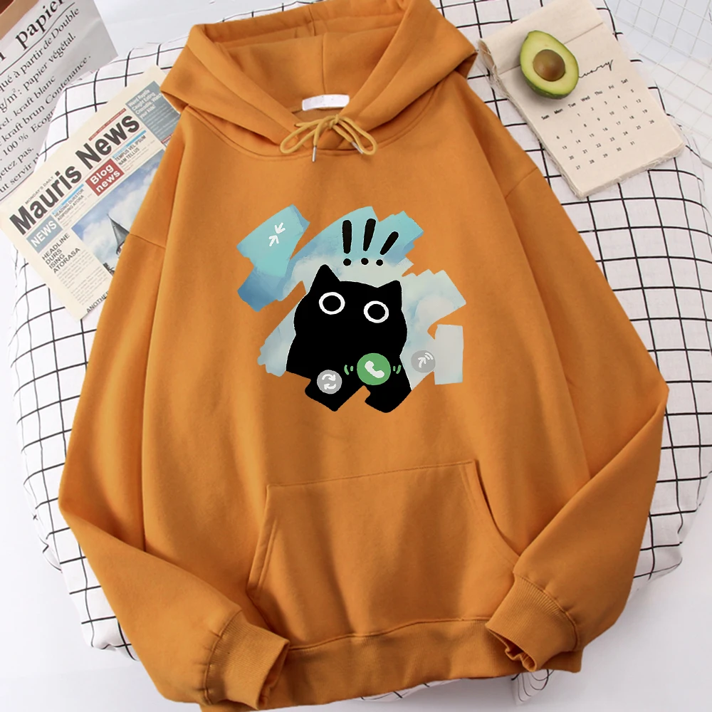 Cartoon Black Cat Is Considering Answering The Phone Men'S Pullover Casual Streetwear Casual Wei Clothing Home Design Tops