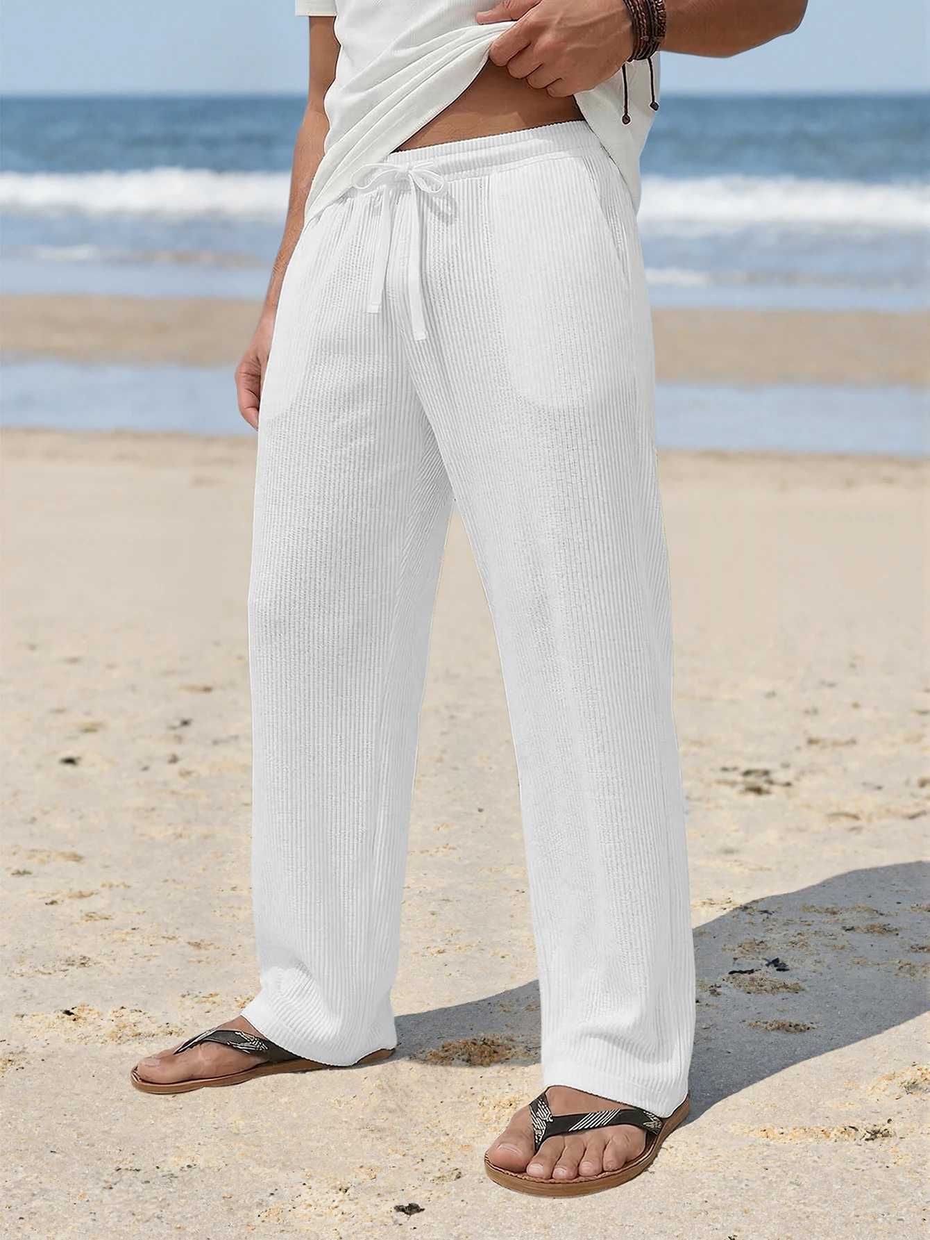 Lightweight Drawstring Beach Breathable Trousers, Elastic Waist Men's Pants,Hawaiian summer white pants，Textured striped pants，