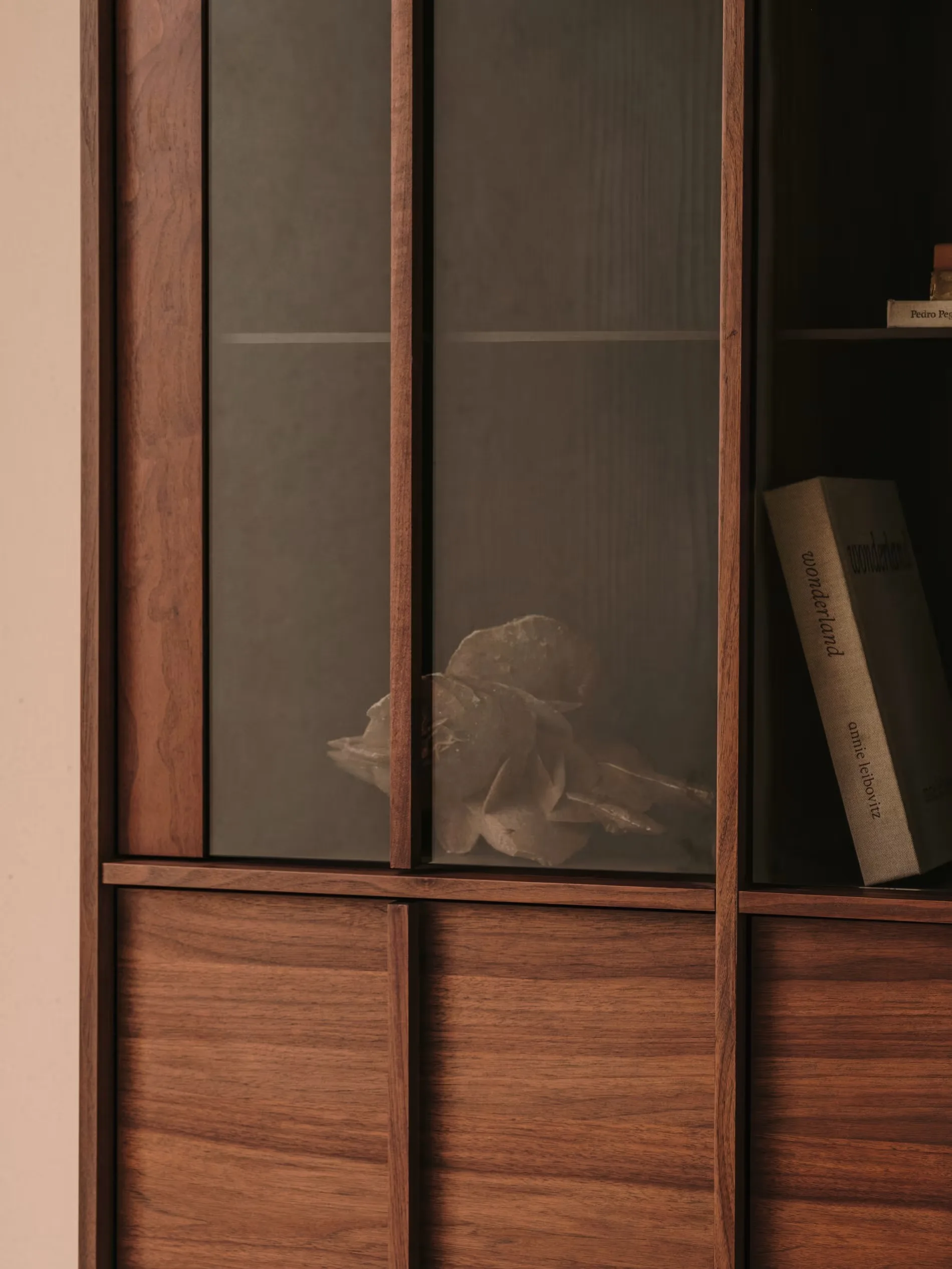 Veneer wood glass display cabinet solid walnut