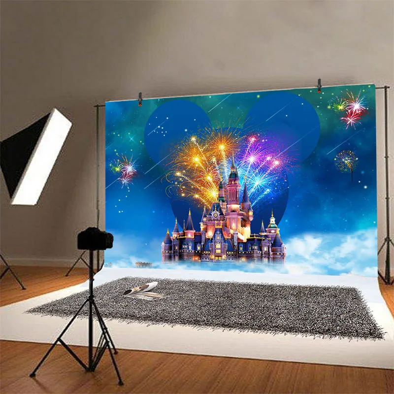 Dreamy Disney Princess Castle Backdrop Mickey Minnie Mouse Birthday Girls Party Fireworks Decorations Photo Background Banner