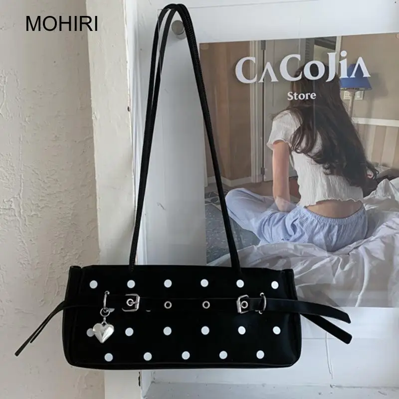 2026 Polka Dot Retro Underarm Bag Velvet Fabric Cylinder Shoulder Purse for Women Daily and Party Use