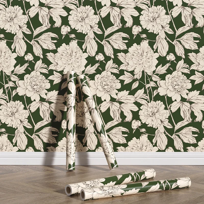 Large Floral Peel And Stick Durable Wallpaper Peonies Dark Floral Mural Self-Adhesive Removable Wallpaper Bed Room Wall Paper