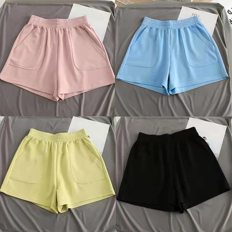 Women\'s Shorts With Pocket Summer Solid Color High Waist Hot Pants Casual Loose Sports Pants Elastic Waist Girls Cycling Shorts