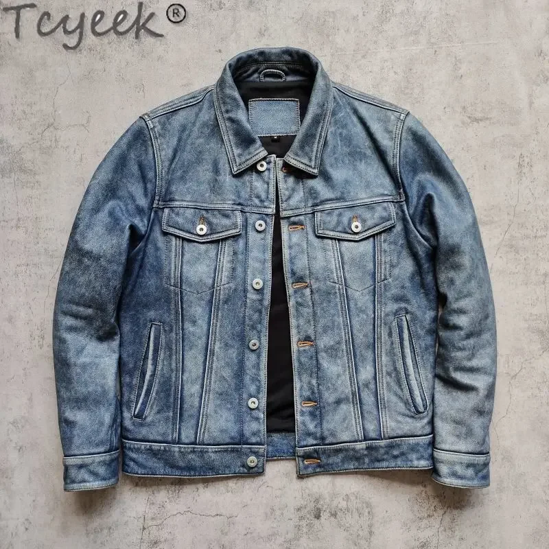 Tcyeek Genuine Leather Man Jackets Top Layer Cowhide Coats Spring Autumn Leather Coat Men Jacket Slim Fit 2024 Jaqueta Couro