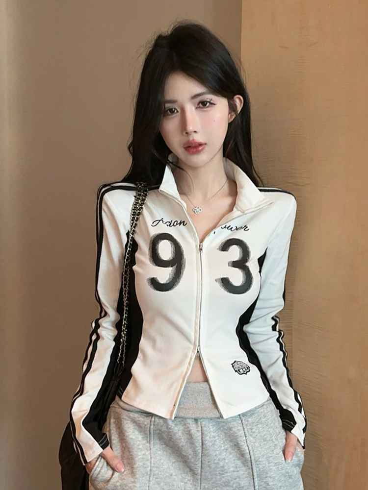 Retro Color Block Striped Letter Print Long Sleeve T-Shirt Design Zipper Stand Collar Short Jacket Top for Young Girls