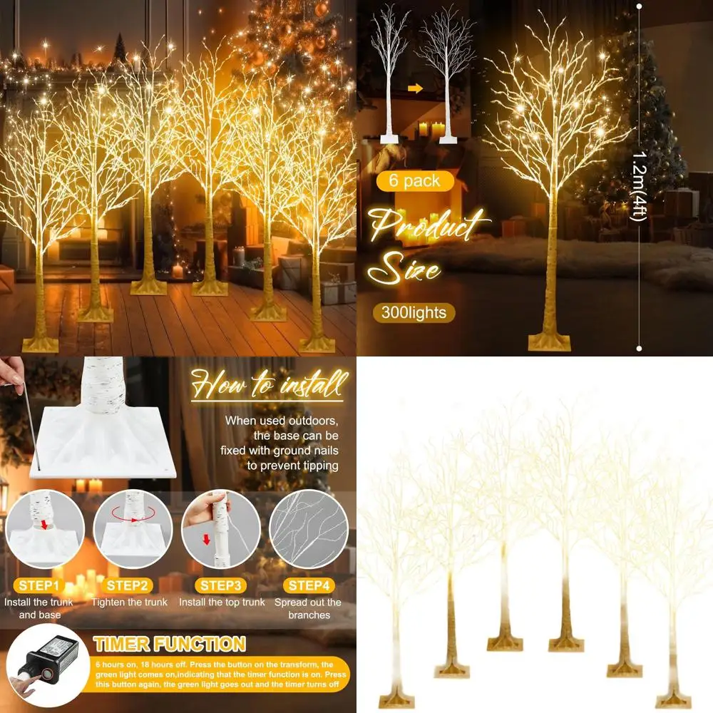 

Березы высотой 4 фута с подсветкой и 8 светодиодными режимами, теплые белые огни для внутреннего/наружного декора на Рождество и День Благодарения